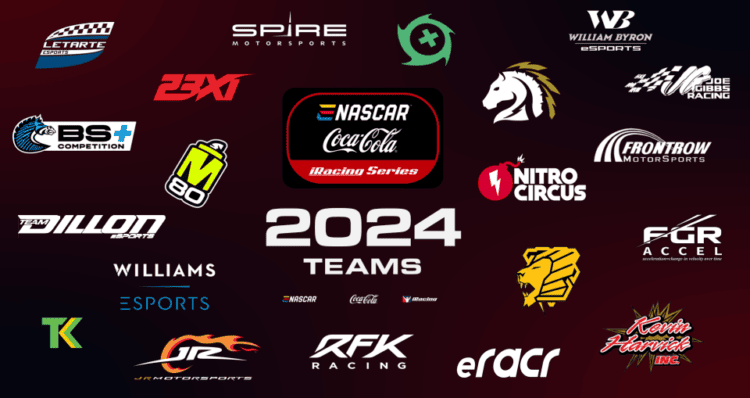 Logos of the 20 teams participating in the 2024 eNASCAR Coca-Cola iRacing Series