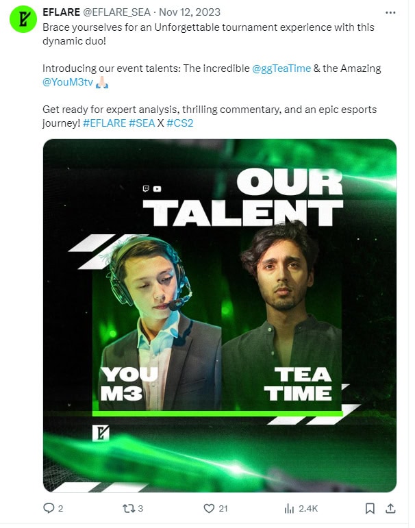EFLARE Twitter talent announcement November 12 2023