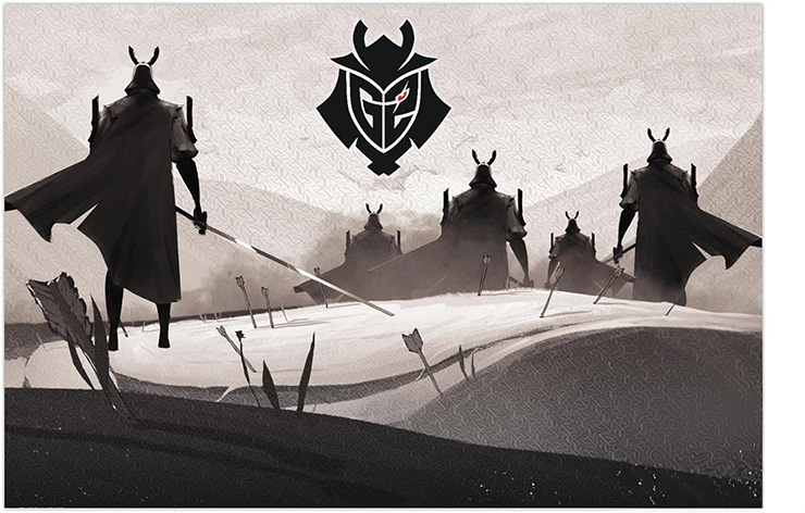 Artistic illustration of Samurais walking away from a battlefield featuring a G2 Esports logo