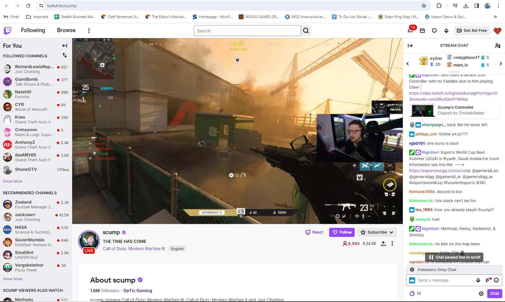 Twitch streamer scump promoting the Esports World Cup in his Twitch chat.