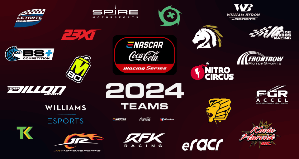 Logos of the 20 teams participating in the 2024 eNASCAR Coca-Cola iRacing Series